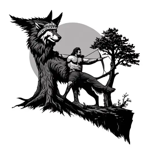 wolf headdress on a male leaning against a tree on the edge of a cliff holding a bow and arrow under a noon sun tattoo design idea