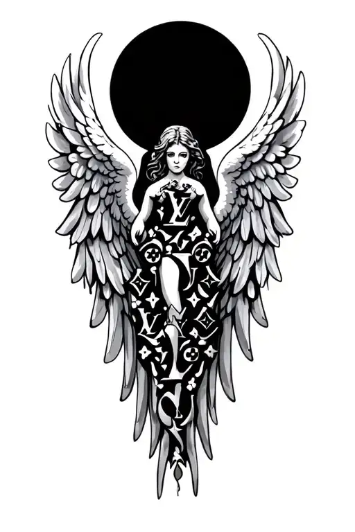 Louis Vuitton pattern incorporated into an angel wing design tattoo design idea