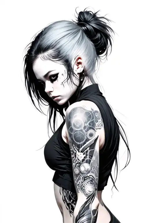 cyberpunk female with blurred face and cybernetic left arm tattoo design idea