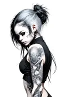 cyberpunk female with blurred face and cybernetic left arm tattoo design idea