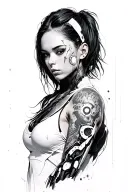 cyberpunk female with blurred face and cybernetic left arm tattoo design idea