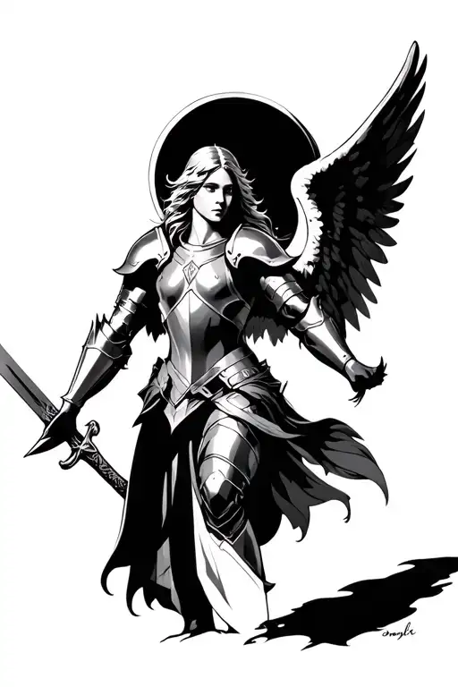 angel holding a sword protector in armor holding sleeve tattoo design idea