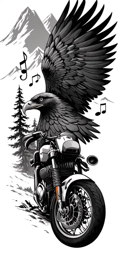 motorcycle, trees,eagle, mountain, music note made tattoo design idea
