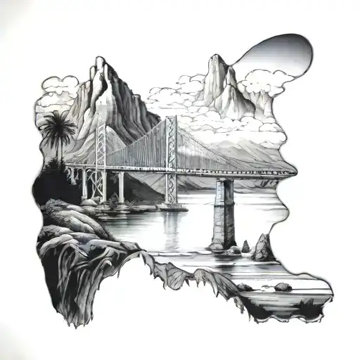 landscape with beach, bridge, mountains incorporating the Bay Area, San Diego, and Colorado  tattoo design idea
