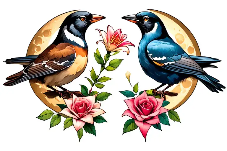 two birds one holding lily one with rose intertwined with moon tattoo design idea