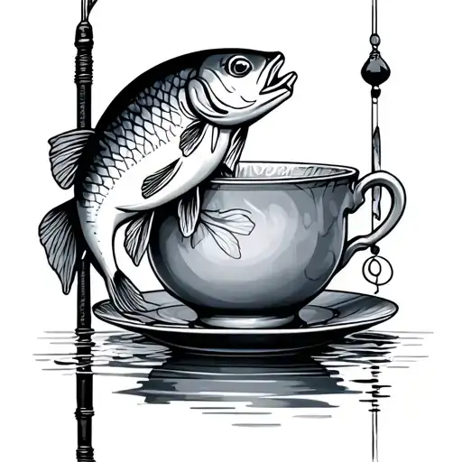 tea cup with fish on a fishing pole resting tattoo design idea