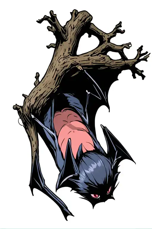 A bat hanging upside down from a branch with its wings closed. tattoo design idea