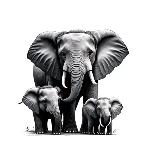 mom elephant with 3 baby elephant tattoo design idea