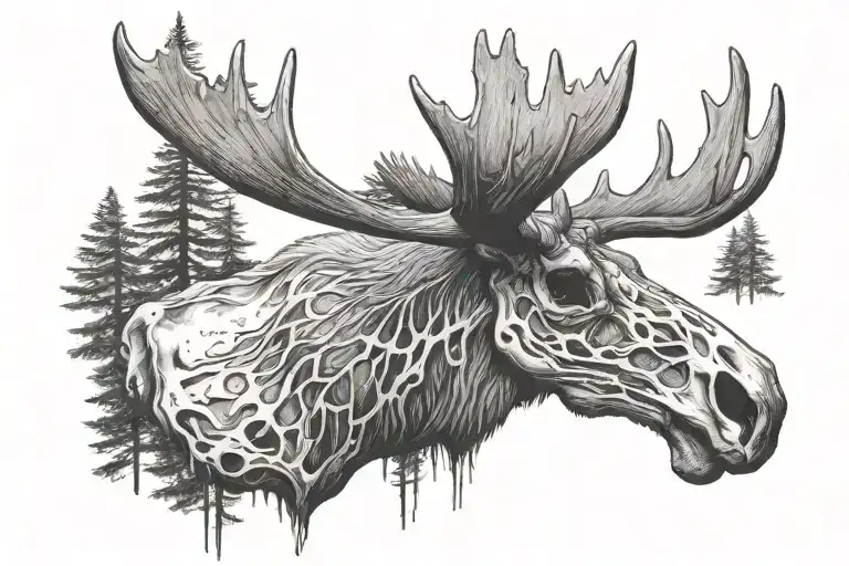 moose skull, forest background tattoo design idea