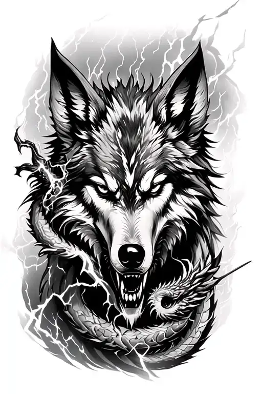 Full arm sleeve tattoo with wolf dragon warrior  Lightning tattoo design idea