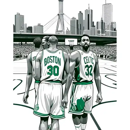 Boston Celtics players on city basketball court looking at TD Garden and Zakim Bridge in background  tattoo design idea
