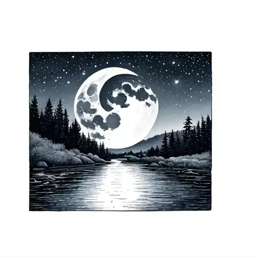 A beautiful and serene landscape featuring a peaceful river under a starry night sky, with the moon as the centerpiece, symbolizing the mother's love and connection to her daughter in the afterlife tattoo design idea