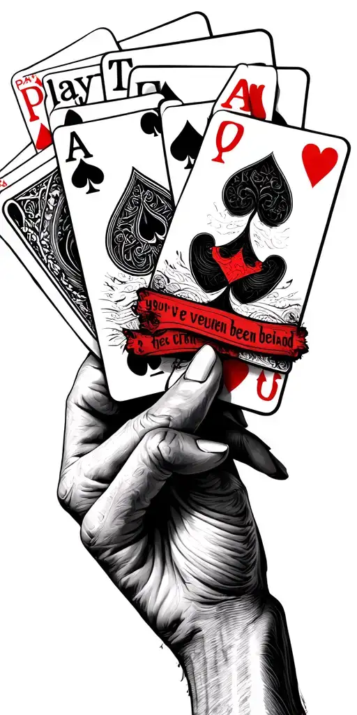 a hand holding the joker card and 2 other cards with the words "play the hand you've been dealt behind the cards. tattoo design idea