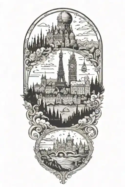 travel inspired tattoo featuring european landmarks tattoo design idea