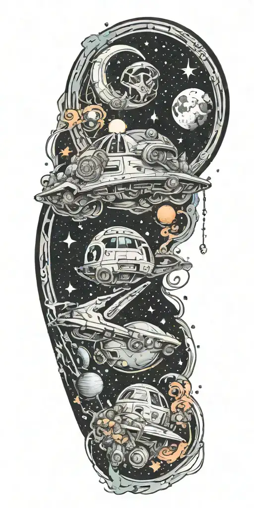 A neotraditional tattoo design of a mystical galaxy with anime-inspired characters and Star Wars spaceships tattoo design idea