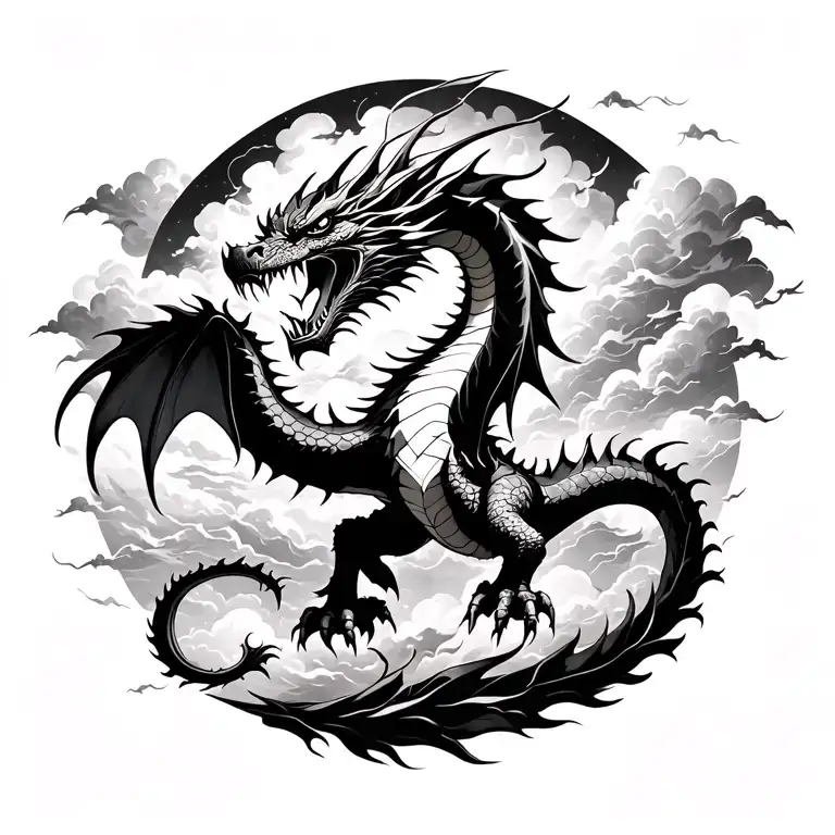 The dragon soars into the sky, clouds and mists surround it, its momentum is like thunder, majestic and majestic, showing its kingly demeanor with its teeth and claws, shaking the world, and swallowing mountains and rivers. It is the incarnation of power and honor tattoo design idea
