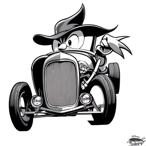 WOODY WOODPECKER DRIVING A HOT ROD COMPOSITION FOR HALF SLEEVE BLACK AND GREY TATTOO IDEA tattoo design idea