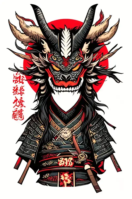 samurai warrior with demon mask with Bushido written in Japanese tattoo design idea