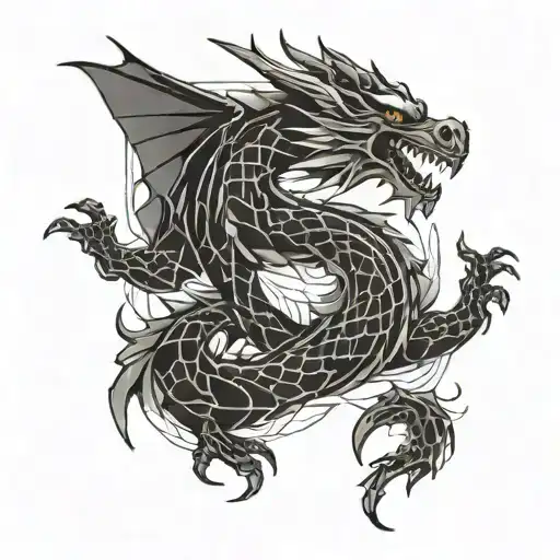 tatoo dragon black. for chest. volume shadow. geometric line. white background tattoo design idea