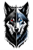 two faced wolf with black on one side and white on the other. black wolf has red eye and white wolf has blue eye tattoo design idea
