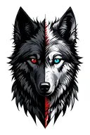 two faced wolf with black on one side and white on the other. black wolf has red eye and white wolf has blue eye tattoo design idea