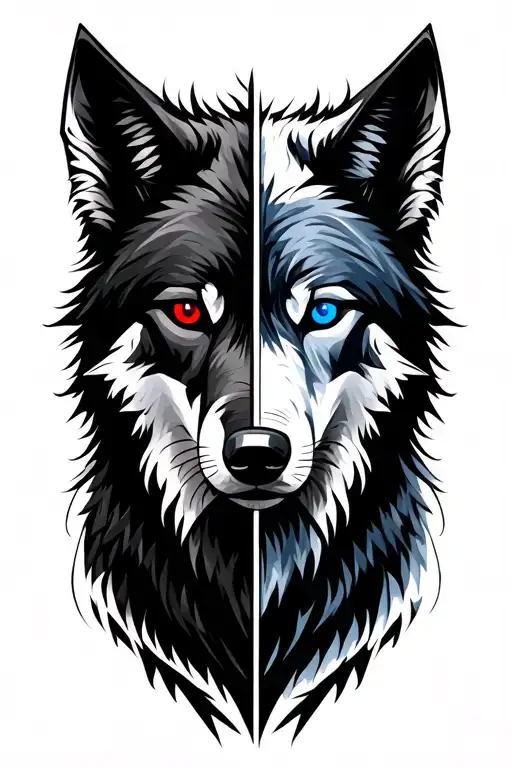 two faced wolf with black on one side and white on the other. black wolf has red eye and white wolf has blue eye tattoo design idea
