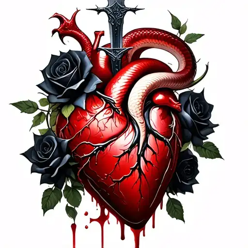 Snake wraps bloody human heart entwined with black roses with thorns, pierced by dagger tattoo design idea