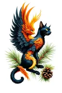 black cat and double-headed phoenix and pine cone and dragon and arundo donax tattoo design idea