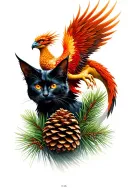 black cat and double-headed phoenix and pine cone and dragon and arundo donax tattoo design idea