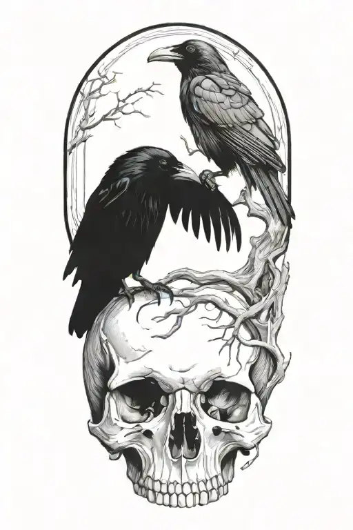 raven on skull tattoo design idea