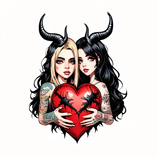 black thorny heart being held by a blonde with horns and a beautiful girl with black hair no horns with tattoos tattoo design idea