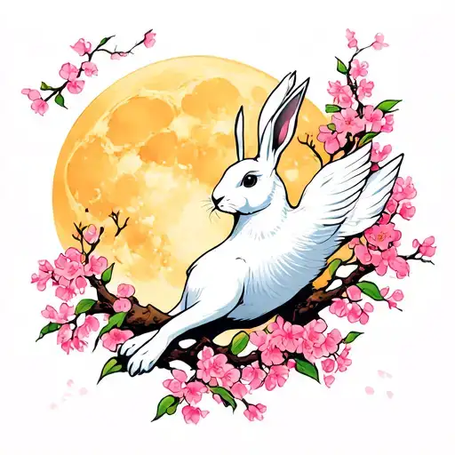 a white hare leaping with pink cherry blossoms surrounding it with a yellow moon behind it tattoo design idea