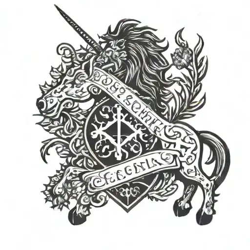 Scottish clan crest with a unicorn, Lion rampant and thistles  tattoo design idea