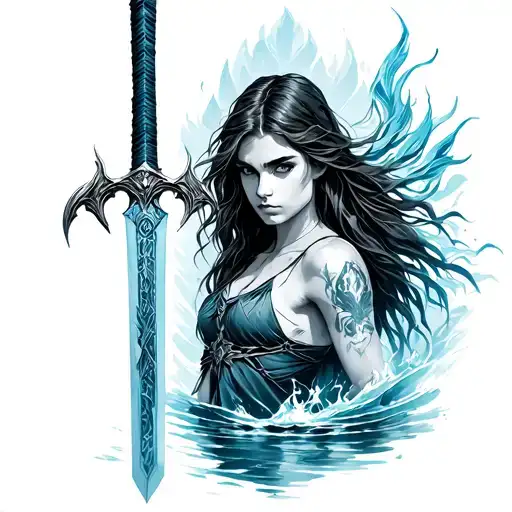 artemis from percy jackson next to water sword tattoo design idea
