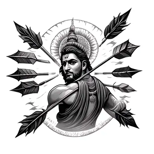 draw a surya putra karn with arrows and blowing from sun and guru parusuram is on the back and narrow and arrow are back tattoo design idea