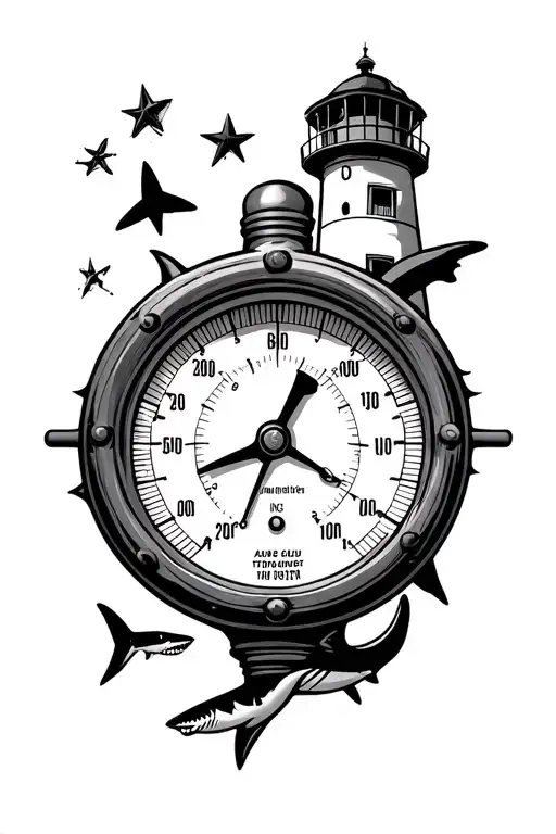 Pressure Gauge surrounded by Nautical Star Lighthouse and Sharks tattoo design idea