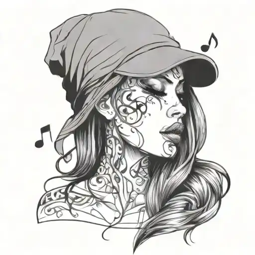 beautiful girl love music notes flowing with straight hair full lips hoded eyes long nails tattoo design idea