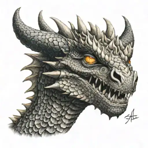 A realistic portrait of a dragon with intricate scales and piercing eyes, showcasing the client's love for dragons tattoo design idea