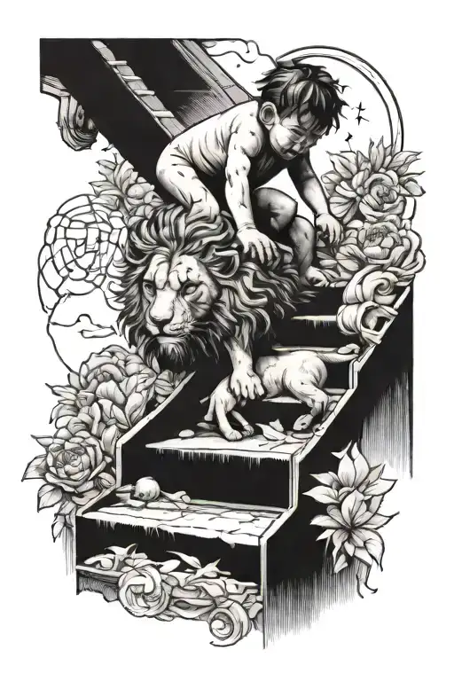 baby human crawling up heaven stairs with lion head tattoo design idea