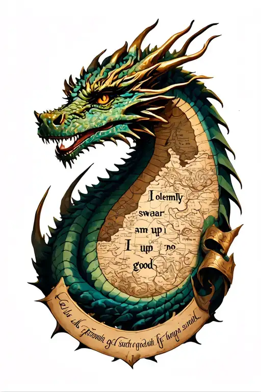 dragon with marauders map and words "I solemnly swear I am up to no good" tattoo design idea