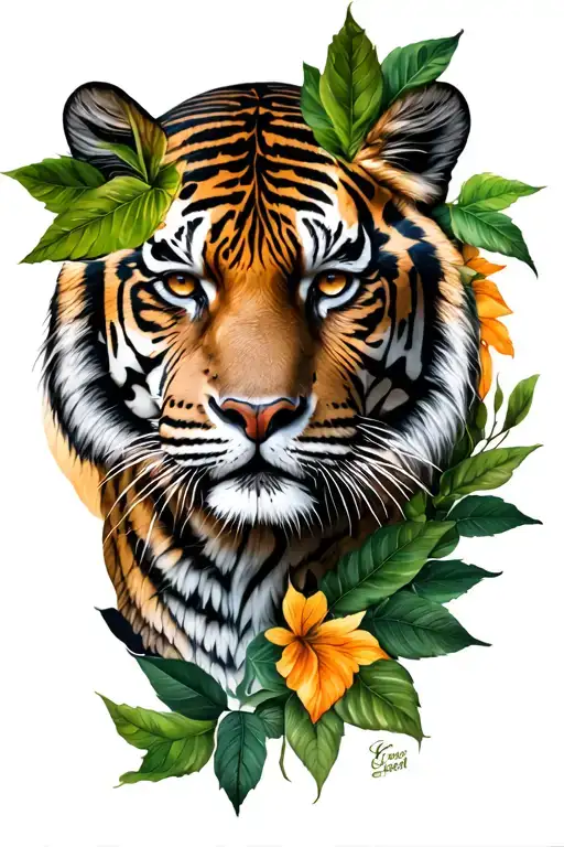 Tiger with Women face and leaves fore arm sleeve tattoo tattoo design idea