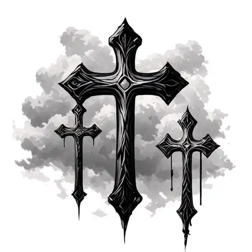 3 crosses . the cross in the middle bigger. clouded background  tattoo design idea