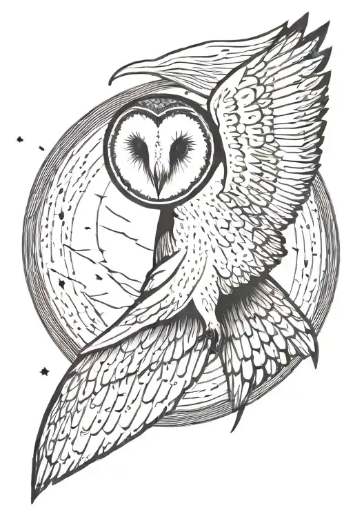 barn owl with flying in front of a lunar eclipse with wings wide spread tattoo design idea