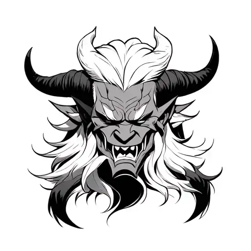 make oni tatto in japanese style. make it black and white with samurai mast and sharp white hair and horns. make it evil tattoo design idea