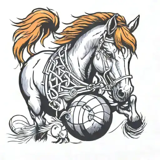 horse with a rugby ball and a ball of wool with needles tattoo design idea