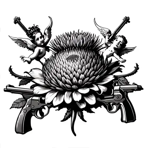 thistle flower with cherubs and guns tattoo design idea