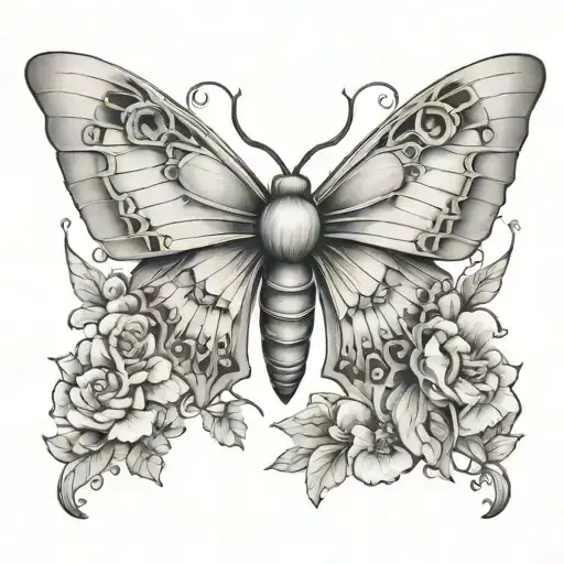 Create an image of a lunar moth tattoo design with skulls in the wings with flowers with thorns and vines  tattoo design idea