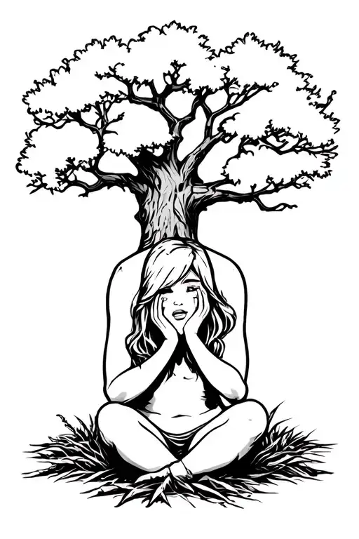oak tree straight  and crying babe sitting under tattoo design idea