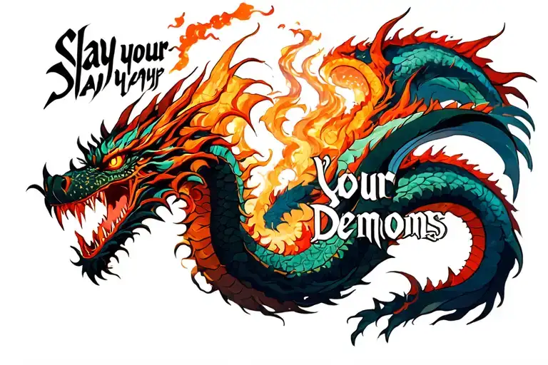 "slay your demons" samurai kill dragon surrounded tattoo design idea