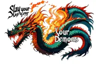 "slay your demons" samurai kill dragon surrounded tattoo design idea